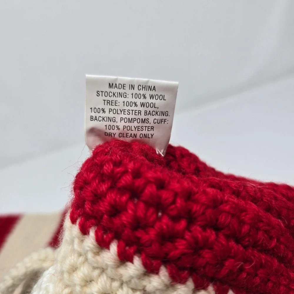 Crate & Barrel Hand-Knit Shaggy Tree Stocking Christmas Red Wool Holiday Decor
